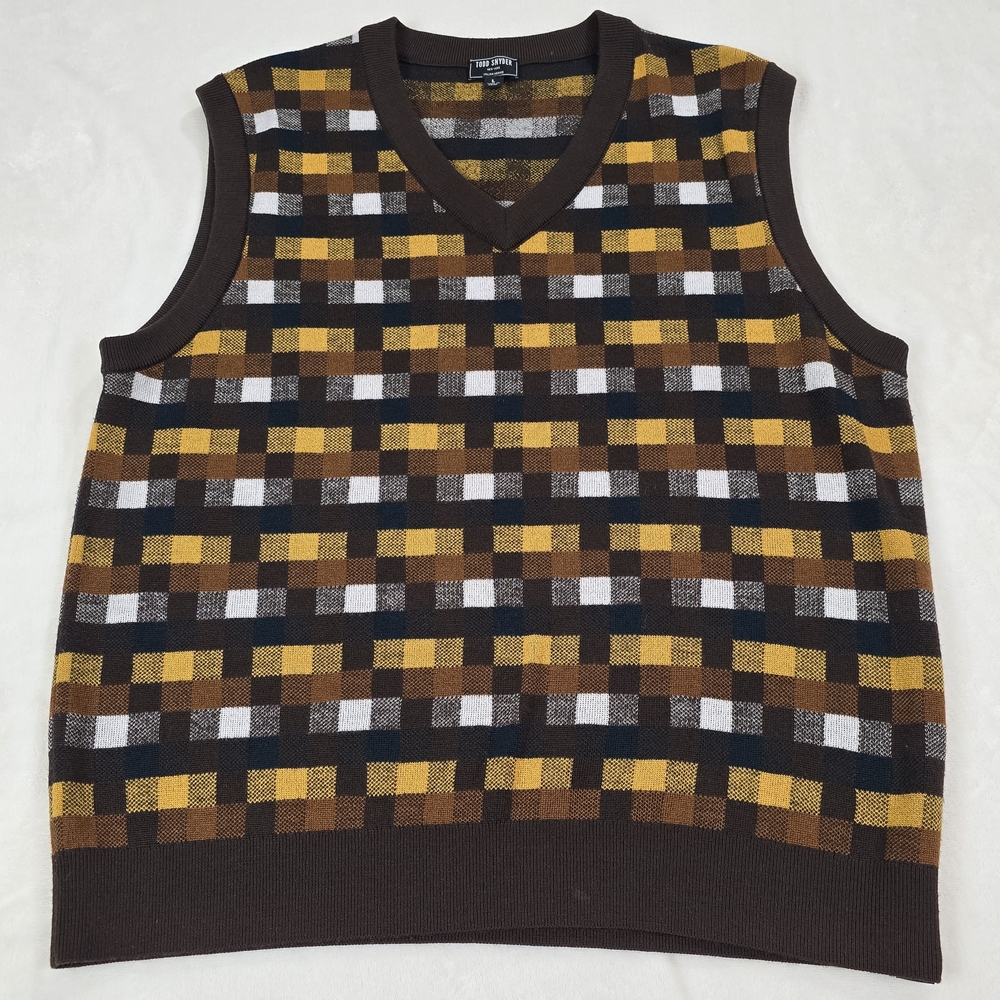 TODD SNYDER Men's Brown Checkered Sweater Vest Size L